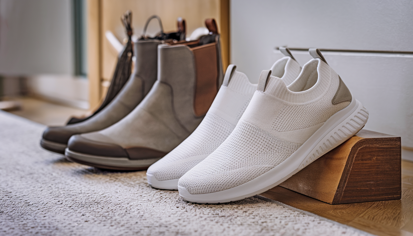 A pair of stylish white slip-on sneakers and sleek boots designed for larger feet displayed on a wooden floor.