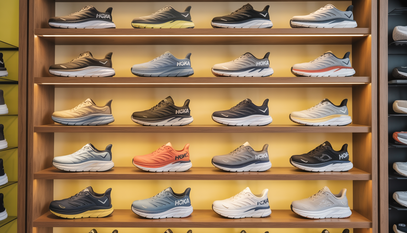 A display of Hoka sneakers, including Clifton 8 and Arahi 5, on wooden shelves in a vibrant retail setting, highlighting sizes 14-21 and various colors.