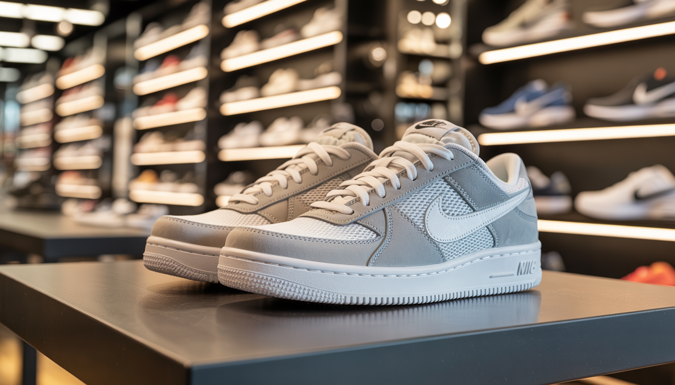 Close-up of trendy Nike sneakers for large feet on a modern shelf in a well-lit shoe store, showcasing intricate stitching and breathable mesh.