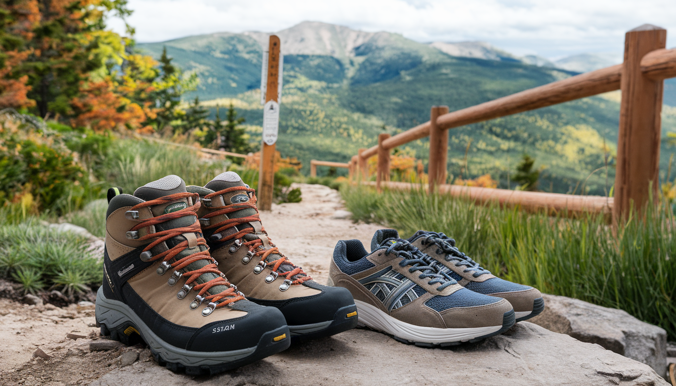 A scenic hiking trail with lush greenery and mountains, featuring stylish hiking boots and men's sneakers in the foreground.