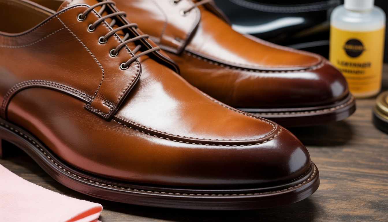 Close-up of a polished leather dress shoe with a soft cloth and leather conditioner, highlighting the shoe's craftsmanship and care tools.