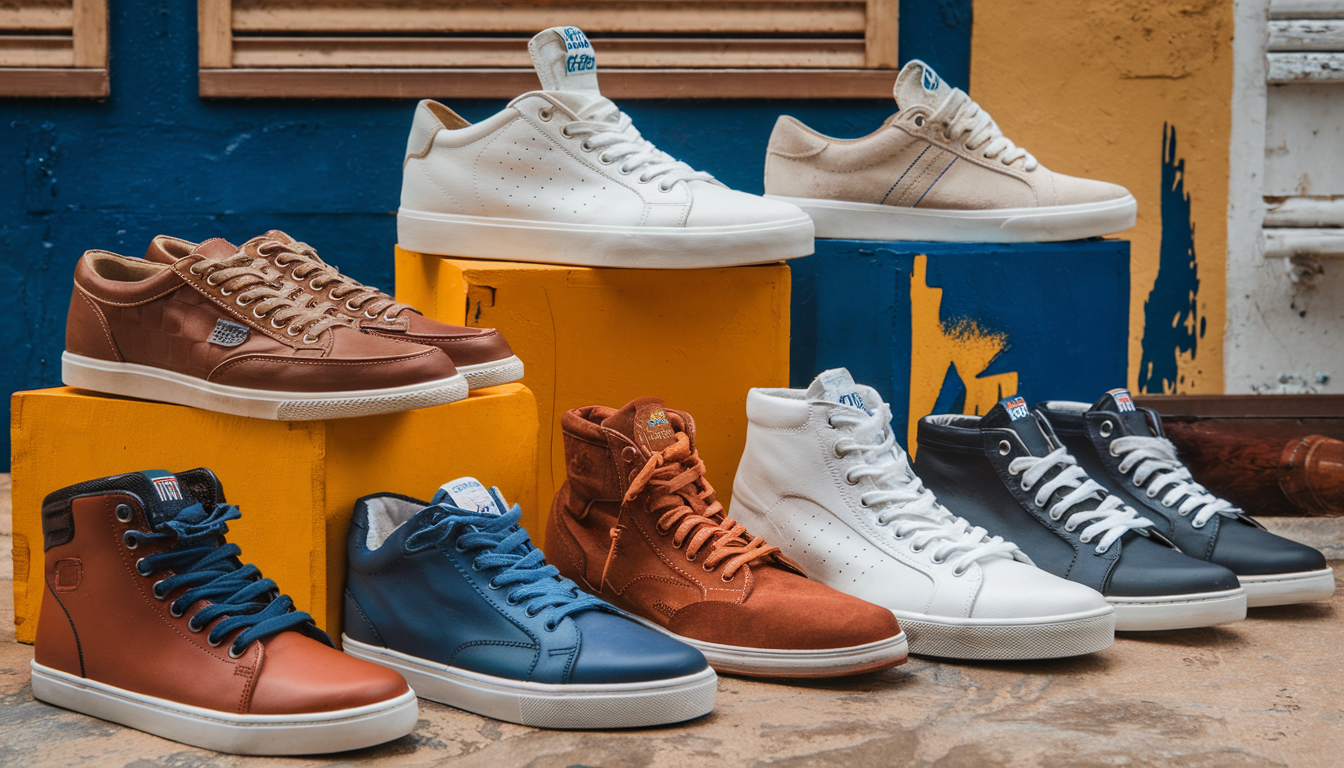 A collection of stylish men's sneakers and boots in large sizes, arranged in an inviting manner with a mix of modern and classic designs, set in a casual urban environment.