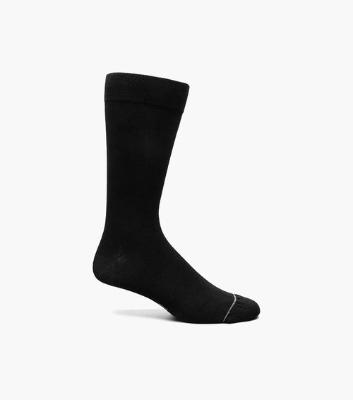 A black crew dress sock with the Florsheim logo on the ankle area.