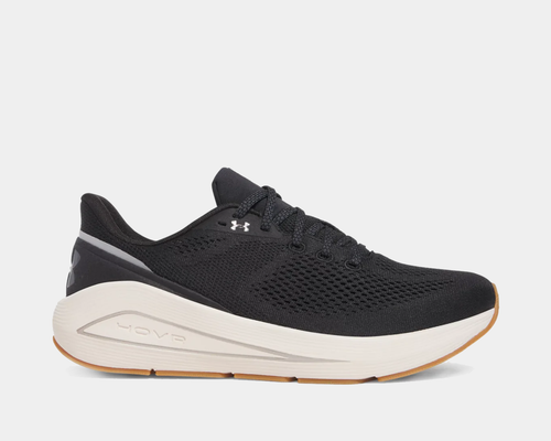 A pair of black Under Armour HOVR Sonic 7 running shoes with lace-up closure and white detailing.
