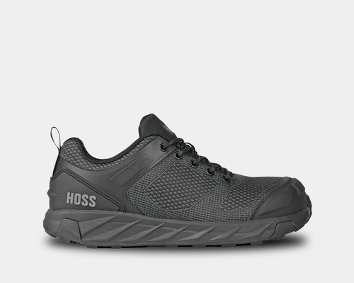 A black work safety shoe with a composite toe and lace-up closure.