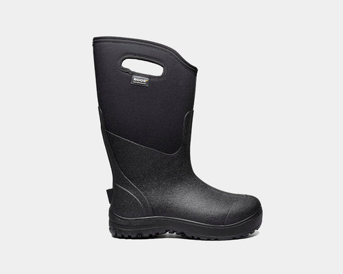 A black 15-inch waterproof boot with easy-on pull handles, designed for comfort and warmth in cold weather conditions.