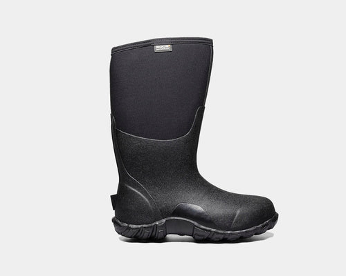 A pair of black High waterproof work boots with a 15-inch hight top and non-slip outsole.