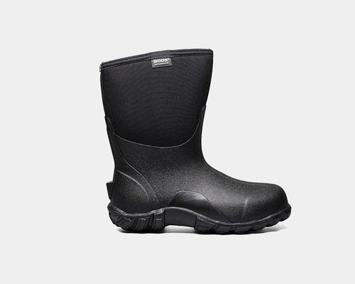 A black, mid-calf height rubber boot designed for cold weather, featuring a non-slip sole and constructed to be waterproof.