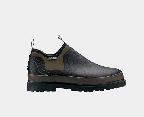 A pair of waterproof rubber slip-on work shoes in black and brown color.