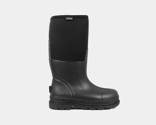 A pair of black, high-top rubber boots designed for tough work, waterproof and with a non-slip sole.