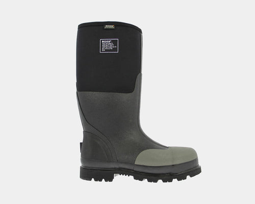 A pair of Steel Toe waterproof work boots with black upper, green and gray accents, and a non-slip sole.