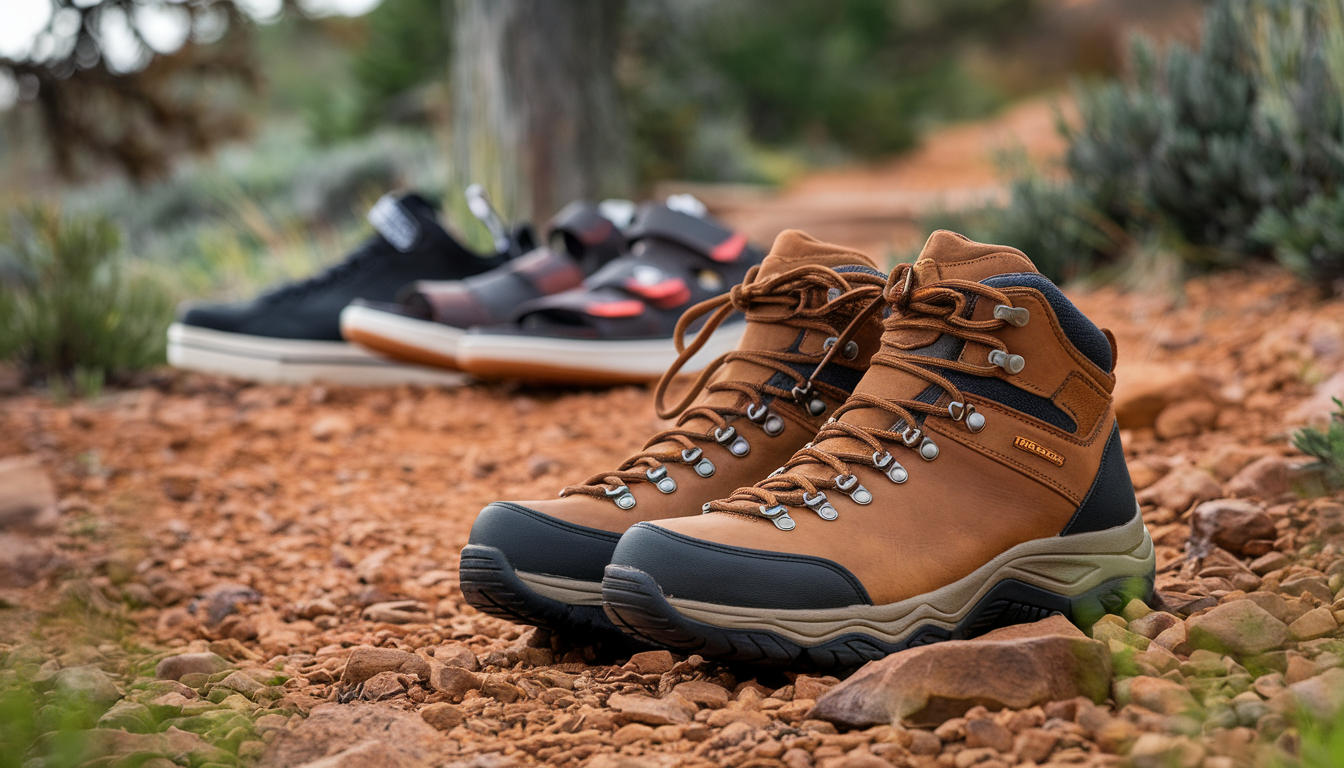 A pair of stylish, rugged men's hiking boots in rich brown prominently displayed on a serene outdoor trail with hints of sneakers and sandals in the background.