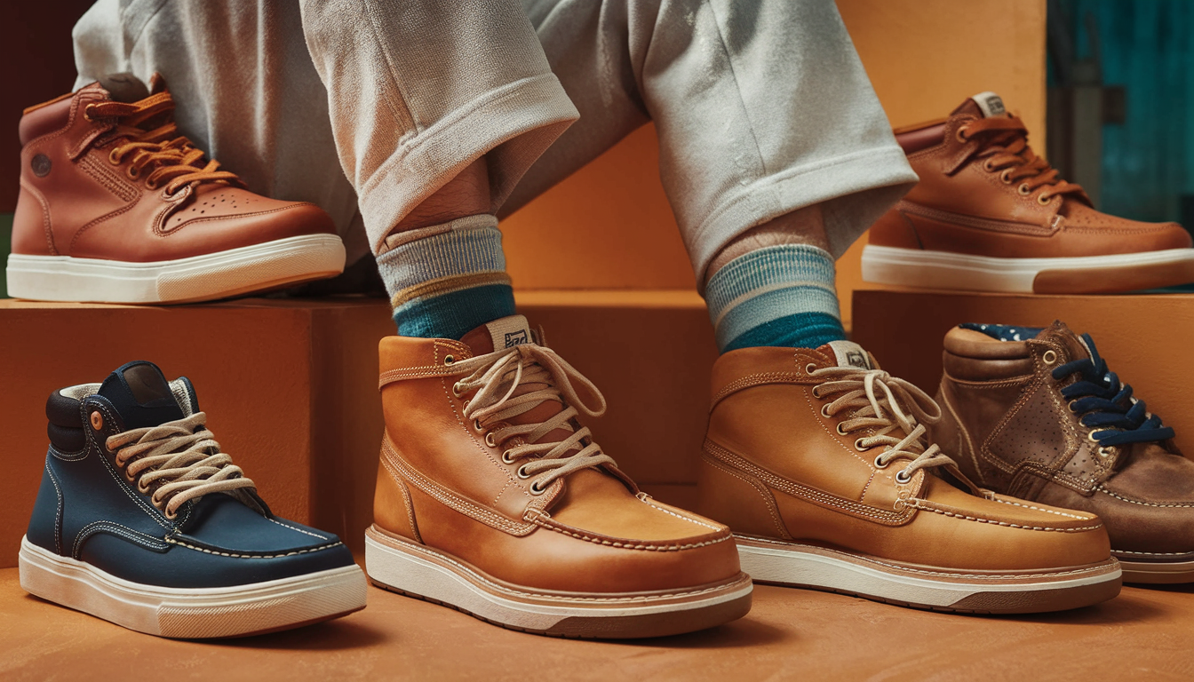 A collection of men's leather sneakers and boots in extended sizes, set against a warm, earthy-toned background with hints of blue and green, reflecting modern American fashion trends.