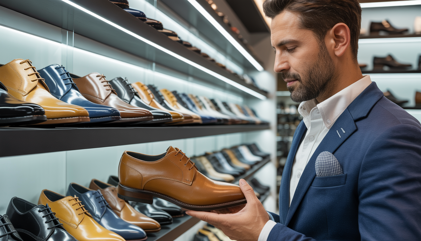 A close-up of a man with larger feet trying on wide width dress shoes in a modern store, with elegant shoe styles in sizes 14-21 on sleek shelves in the background.
