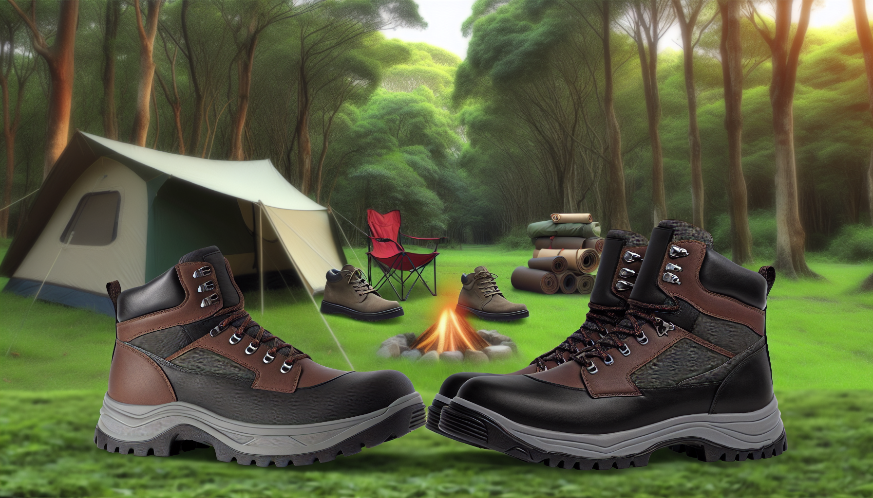Serene camping scene with large men's hiking boots and sneakers, tent, backpack, and campfire in a lush forest.