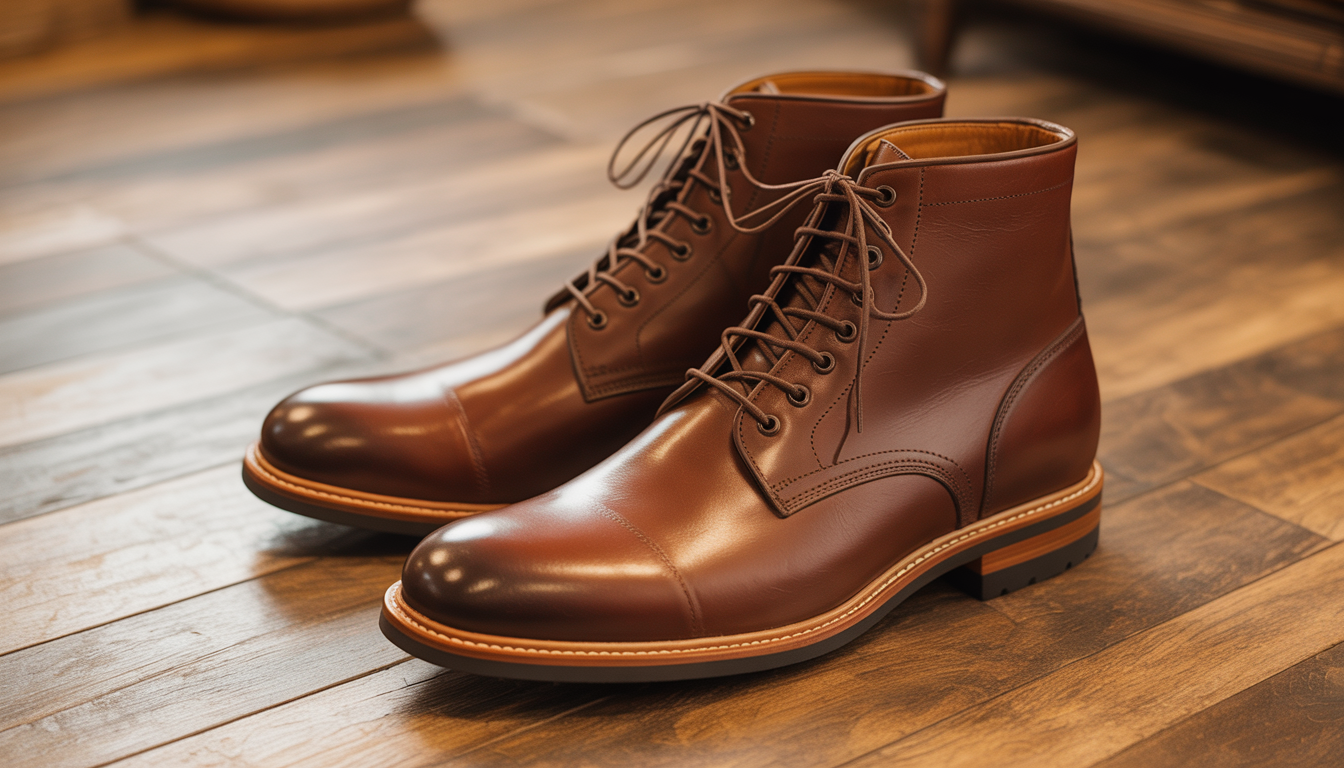 A pair of brown leather dress boots with lace-up fronts on a wooden floor, highlighting their sleek design and quality.