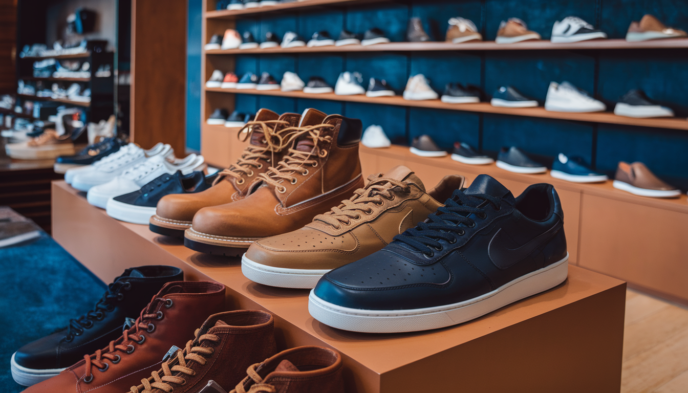An array of stylish men's footwear in sizes 14-21, featuring sleek sneakers and rugged boots, displayed in a modern shoe store with warm earth tones and deep blues.