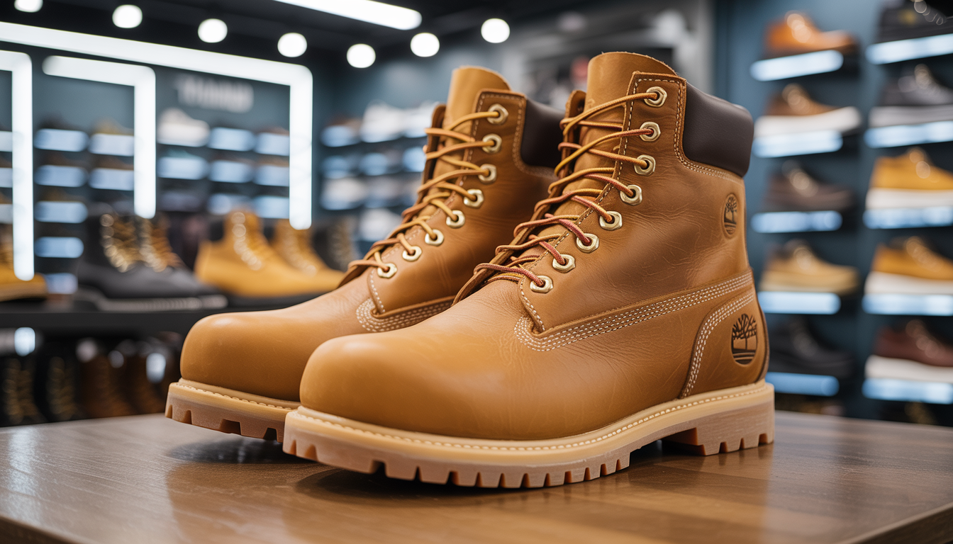 Close-up of Timberland Pro lace-up work boots in brown, displayed in a modern shoe store with various footwear options, highlighting inclusivity and comfort for larger sizes.