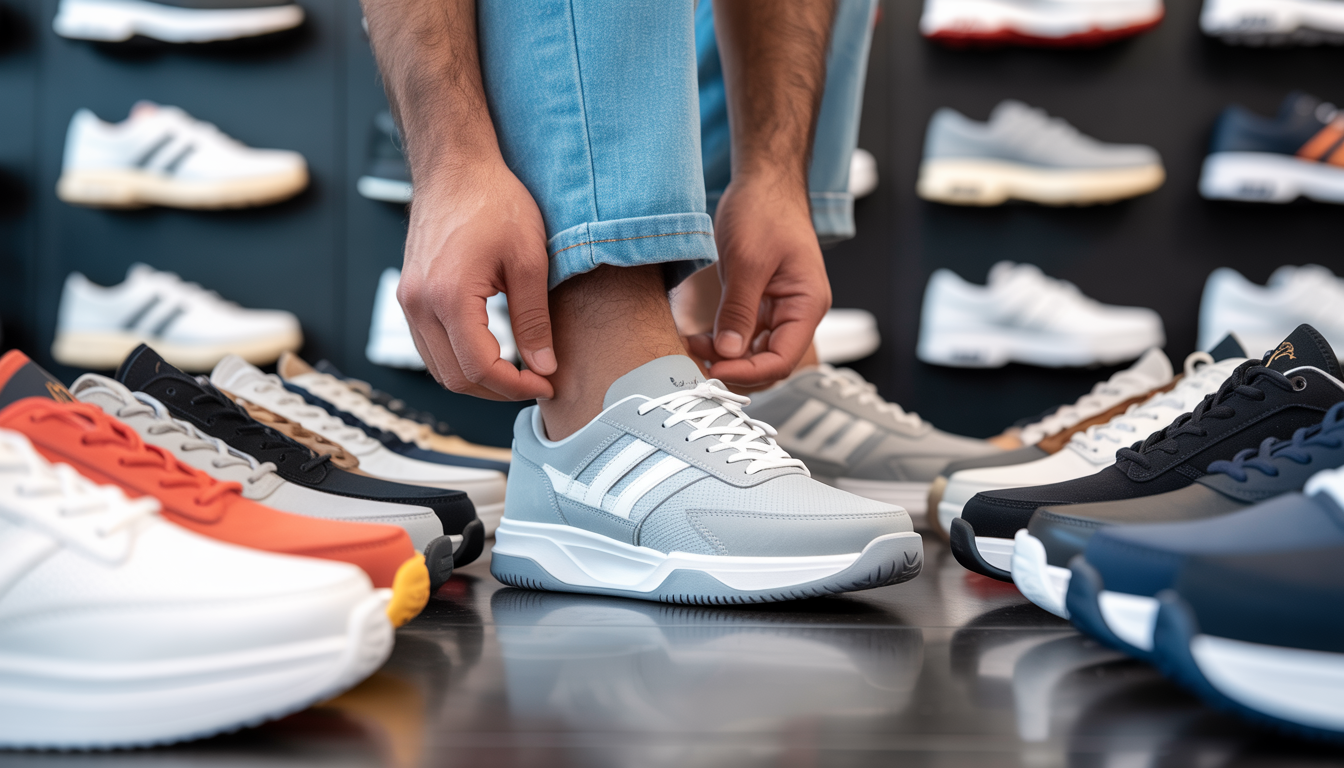 A stylish man trying on wide fit tennis shoes in a modern shoe store, with a focus on his large feet and various wide fit shoes on display around him.