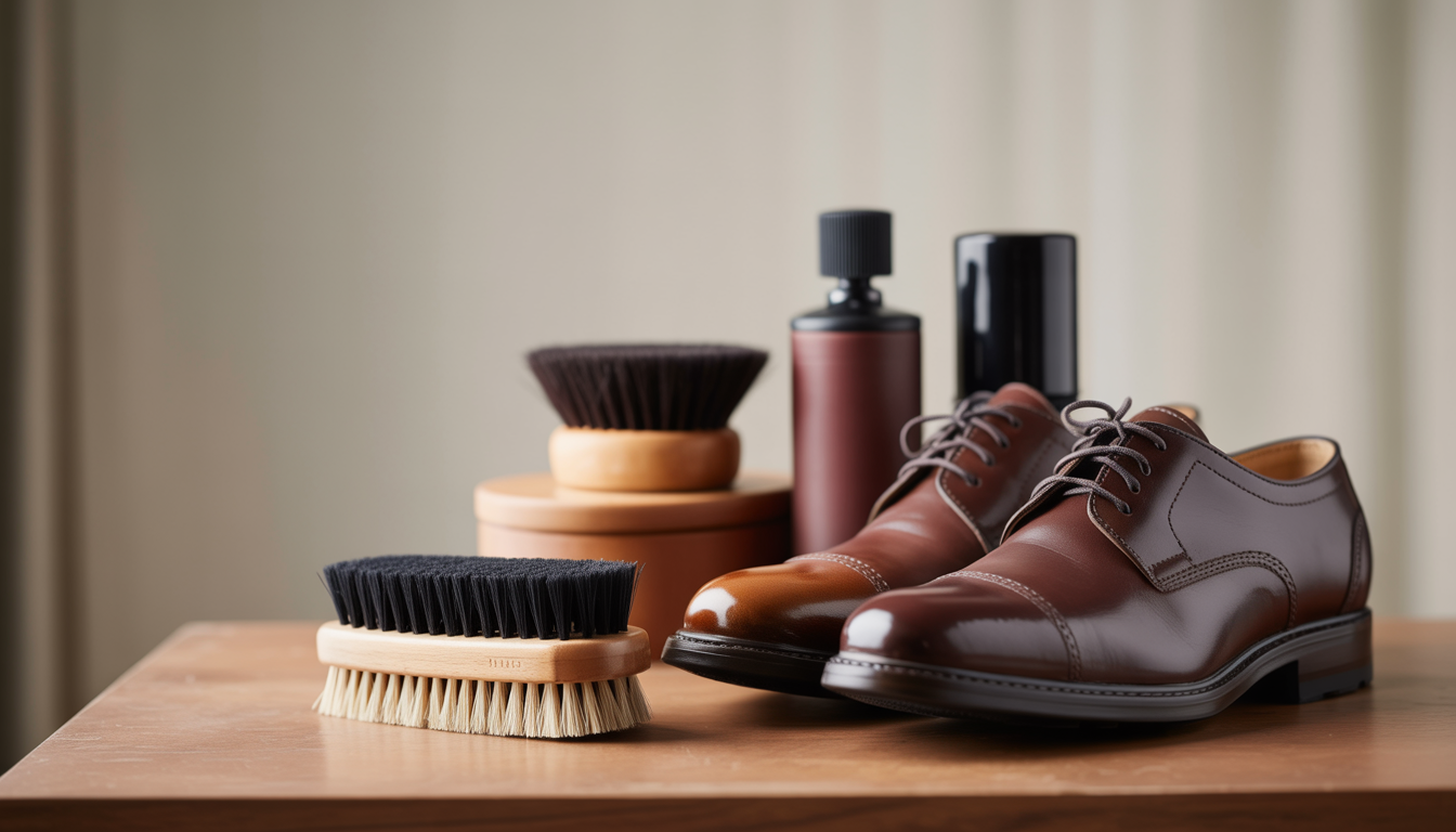 Shoe care kit with brushes and polish on a wooden surface.