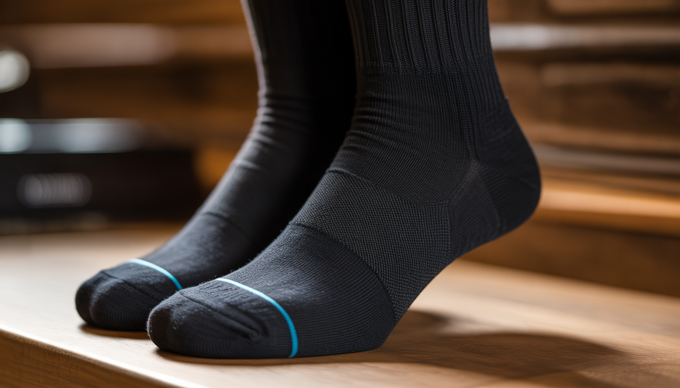 Close-up of stylish black crew socks with arch support on a wooden surface, showcasing texture and design.