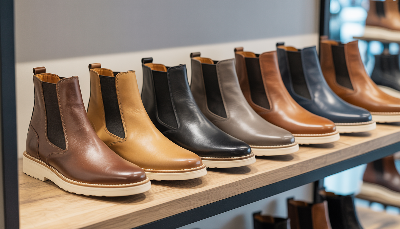 A collection of men's slip on boots in different colors and materials displayed on a wooden shelf in a modern boutique, showcasing both casual and dress styles.