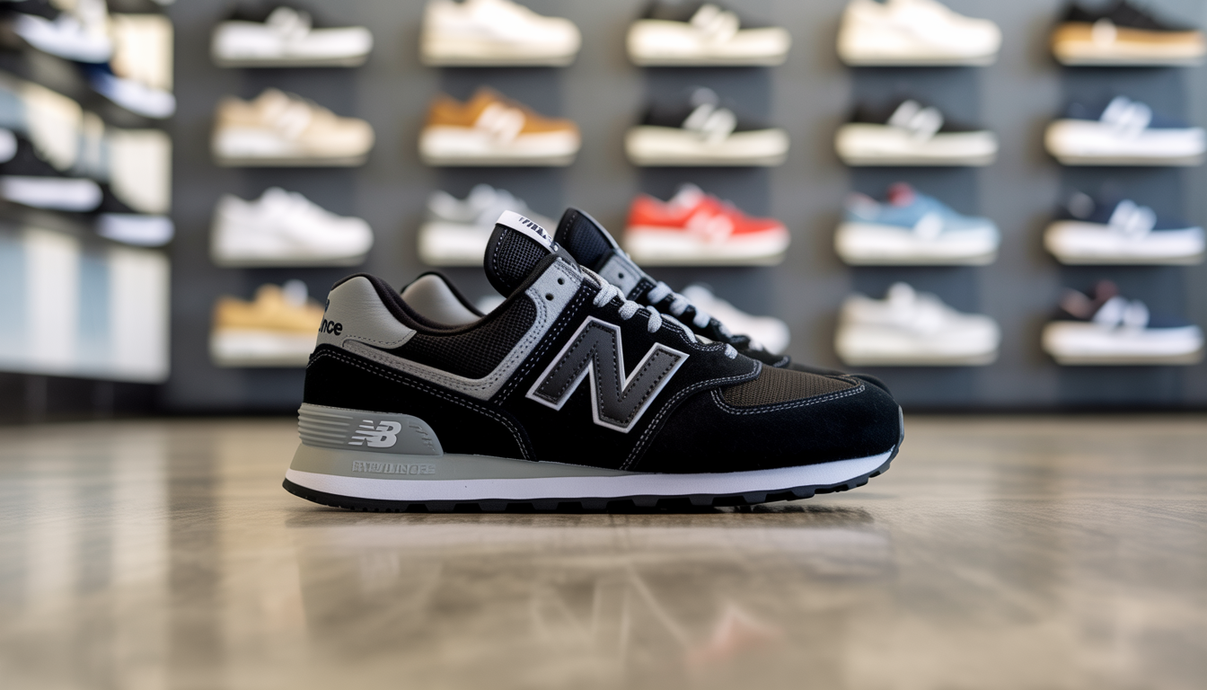 Black New Balance 574 sneakers on the ground in a modern shoe store, showcasing their classic design and sleek look with other shoe options visible in the background.