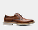 Florsheim Norwalk Plain Toe Oxford shoes in rich brown leather with a cushioned sole and lace-up design, side view.