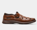 Stacy Adams Sebring sandals in brown leather with cutout design and cushioned sole, side view.