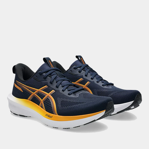 Asics GT-1000 14 running shoes in navy blue with orange accents, mesh upper, and FF Blast cushioning, angled front view.