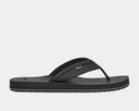 Sanuk Ziggy sandals in black with padded straps, minimalist thong design, and textured footbed, side view.