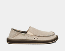 Sanuk Donny Hemp 2 Tone shoes in beige hemp fabric with frayed edges, dual-tone outsole, and relaxed loafer design, side view.