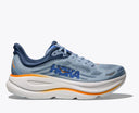 HOKA Bondi 9 running shoes in light blue with orange accents, featuring a cushioned midsole and breathable mesh upper, side view.