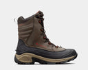 A winter boot with a waterproof leather upper, insulation, and a non-marking traction rubber outsole. The boot is primarily brown with some black and red detailing.