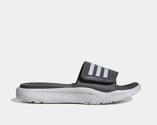 Adidas Alpharesponse 2.0 Slides in grey with adjustable 3-Stripes strap, textured footbed, white cushioned sole, side view