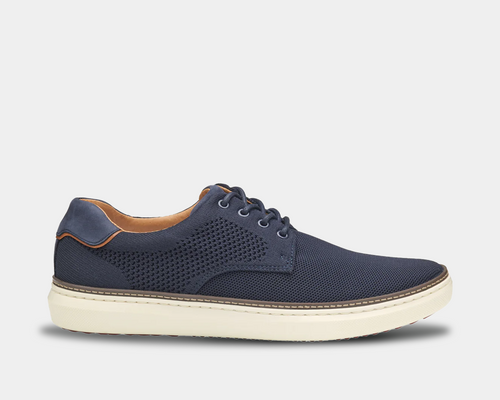 Navy blue casual dress shoes with a white sole 