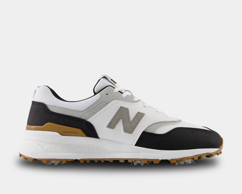 New Balance Golf 997 Golf shoes in white, gray, black, and gum with spiked outsole for grip, side view.