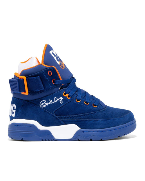 Ewing Athletics 33 HI OG sneakers in blue suede with orange accents, signature detail, and padded high-top design, side view.