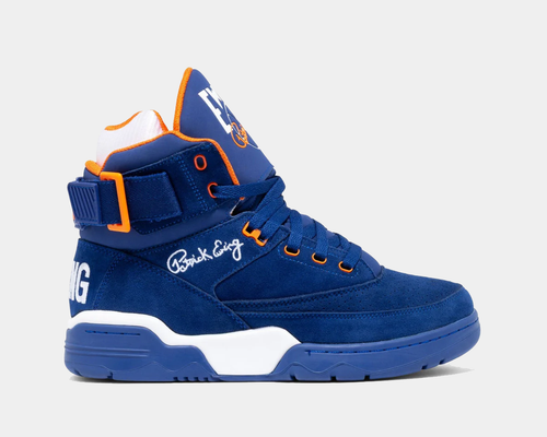 Ewing Athletics 33 HI OG sneakers in royal blue suede with orange accents, ankle strap and white detailing, side view.