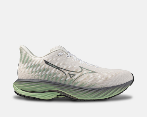 Mizuno Wave Rider 29 running shoes side view in white with green accents, mesh upper, and cushioned midsole.
