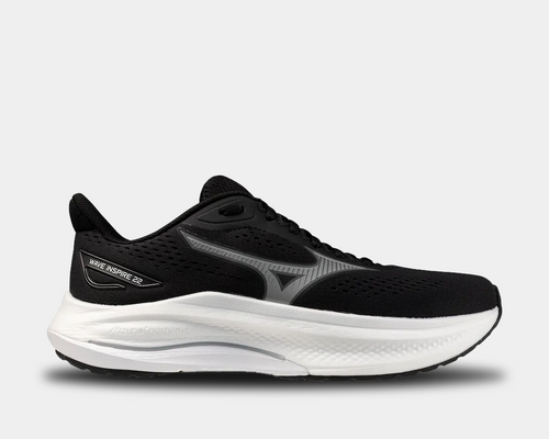 Mizuno Wave Inspire 22 running shoes in black with engineered mesh upper and white cushioned midsole, side view