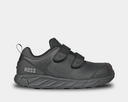 A black safety shoe with velcro closure, featuring a FlyKnit upper with molded toe cap and heel counter.