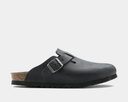 A black Birkenstock Boston clog with an oiled leather upper and a metal pin buckle on the strap.