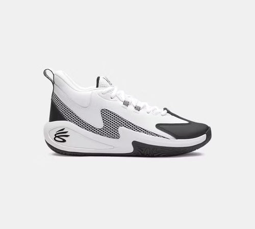 Under Armour Curry 3Z 25 basketball shoes in white with black accents, mesh side panel, and low-top design, side view.