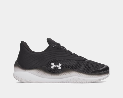 Under Armour Select 26 shoes, black and white with mesh upper and gradient midsole, side view.