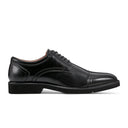 Rockport Findlay Lace-up Almond Toe Oxfords in black leather with cap toe detail and sturdy outsole, side view.