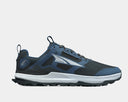 Blue and black athletic shoe with white sole