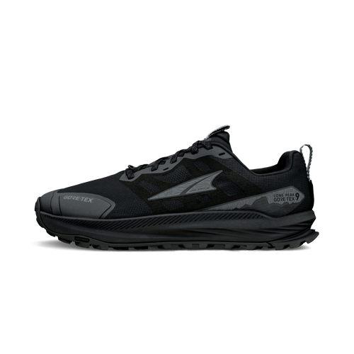 Altra Lone Peak 9 GTX trail running shoes in black with GORE-TEX waterproof upper and rugged outsole, side view.
