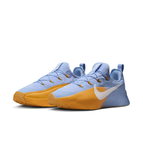 Blue and orange sneakers with a prominent Nike logo on a white background