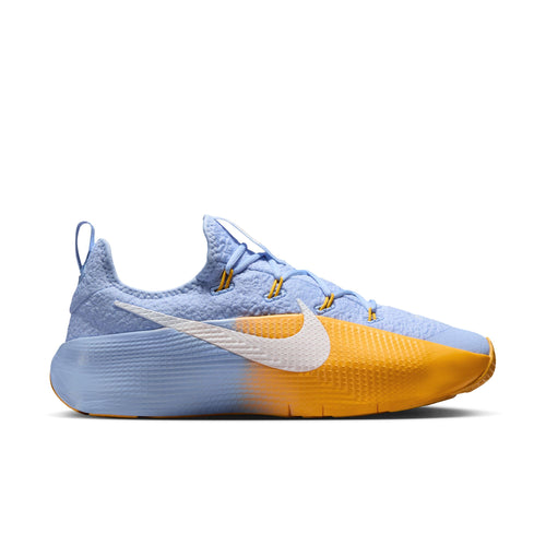 Blue and orange sneaker with Nike logo on a white background